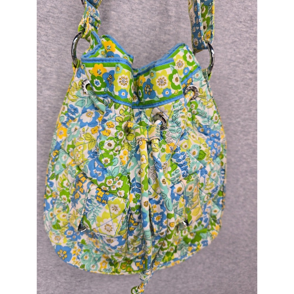 Vera Bradley Quilted Floral Drawstring Bucket Bag Blue Green Crossbody Retired